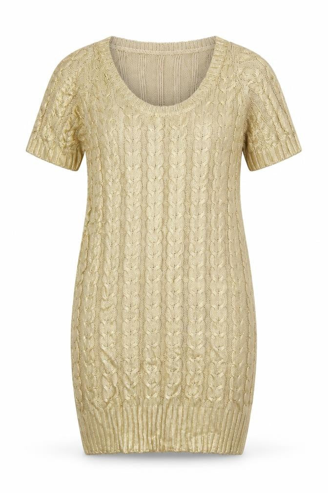 Aftershock London Women Gold L Cable Knit Jumper Dress Short Sleeve
