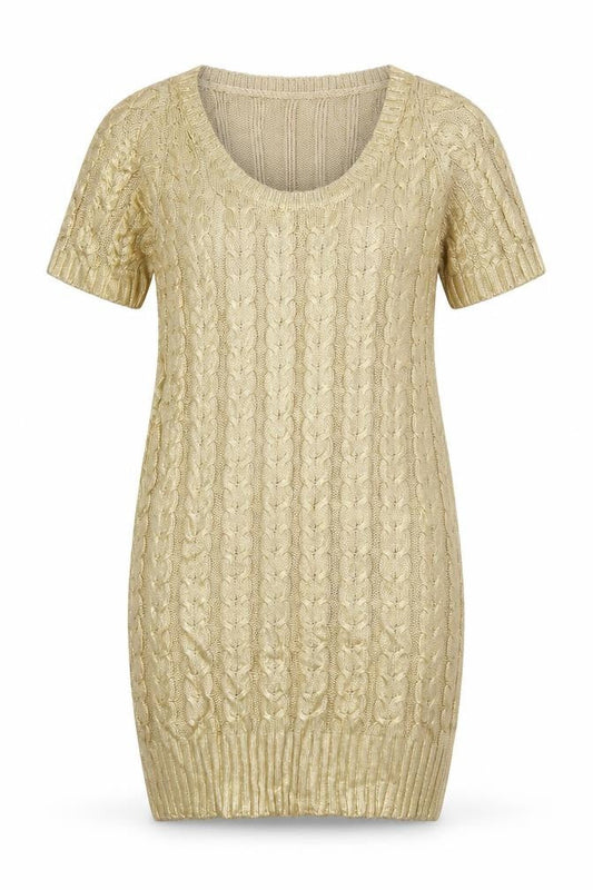 Aftershock London Women Gold L Cable Knit Jumper Dress Short Sleeve
