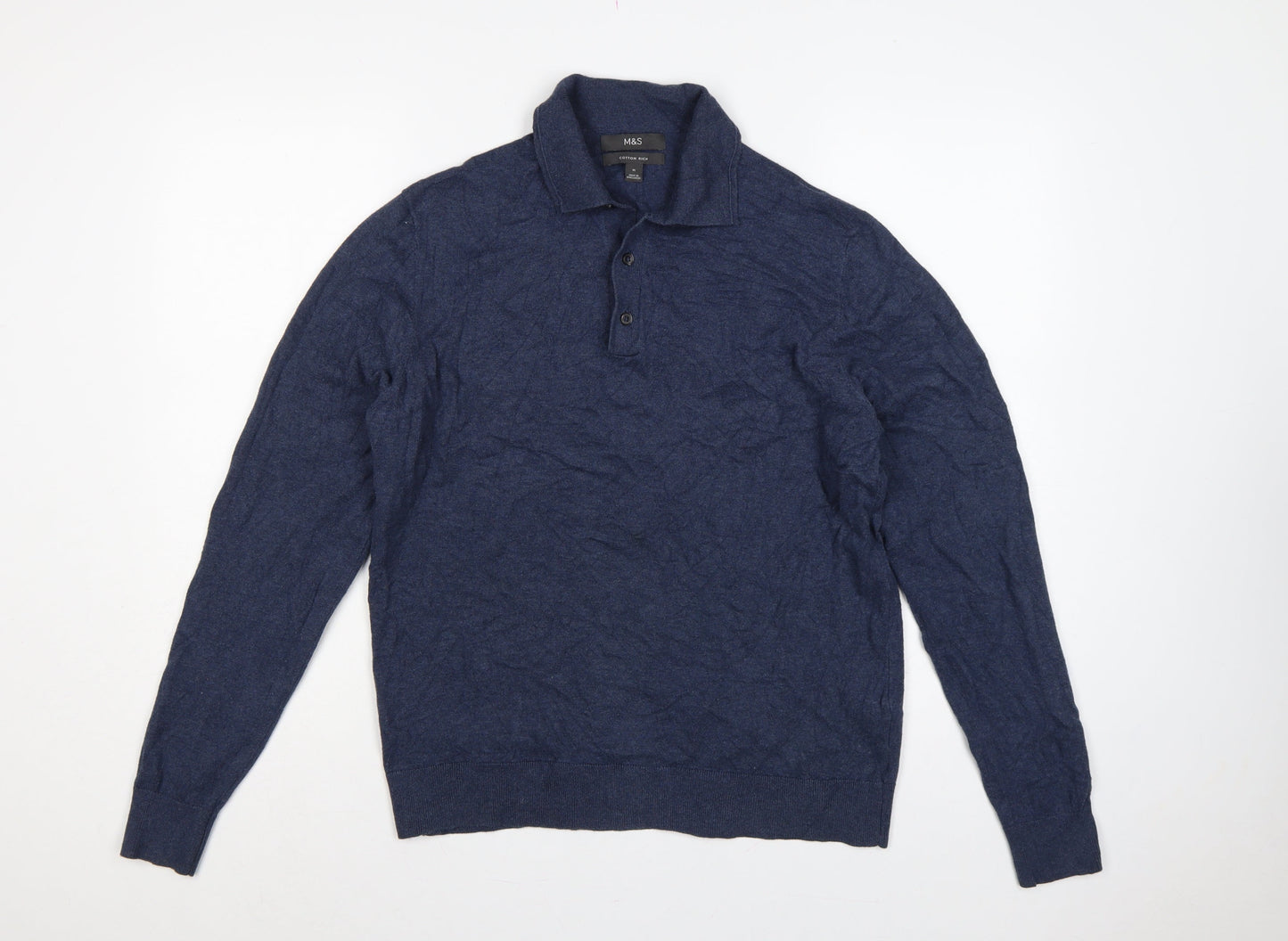 Marks and Spencer Men Blue M Cotton Rich Collared Henley Jumper