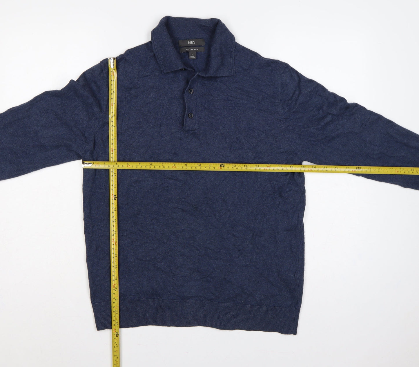 Marks and Spencer Men Blue M Cotton Rich Collared Henley Jumper