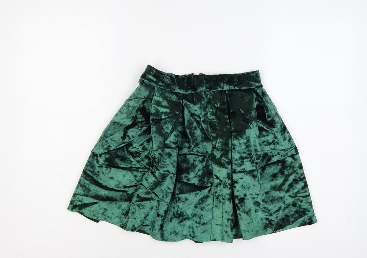Additional front view of ASOS Women Green Velvet Pleated Skater Mini Skirt UK 6