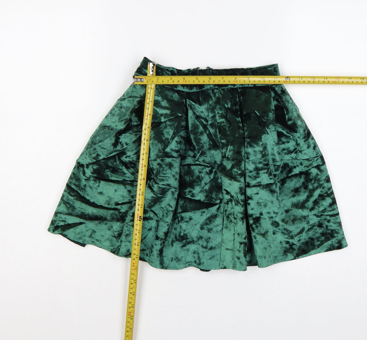 Back view of ASOS Women Green Velvet Pleated Skater Mini Skirt UK 6