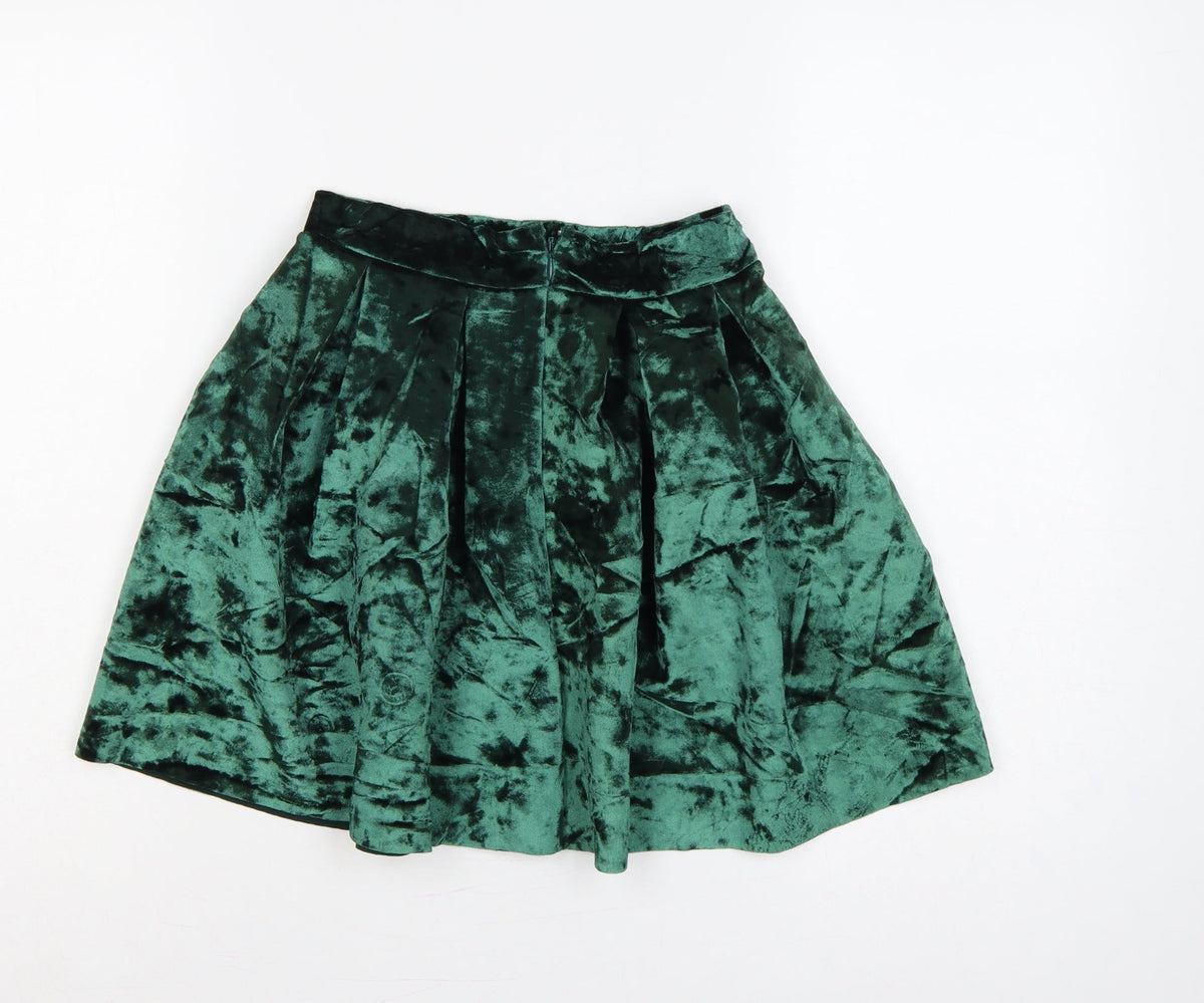 Close-up detail of ASOS Women Green Velvet Pleated Skater Mini Skirt UK 6