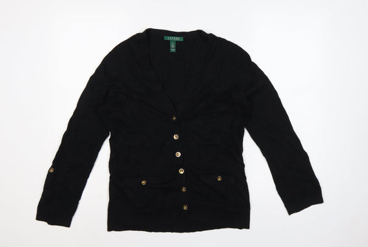 Lauren Ralph Lauren Women Black M V-Neck Cotton Button Cardigan