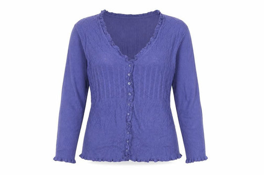 M&Co Women’s Blue L Cable Knit Ruffle V-Neck Cardigan