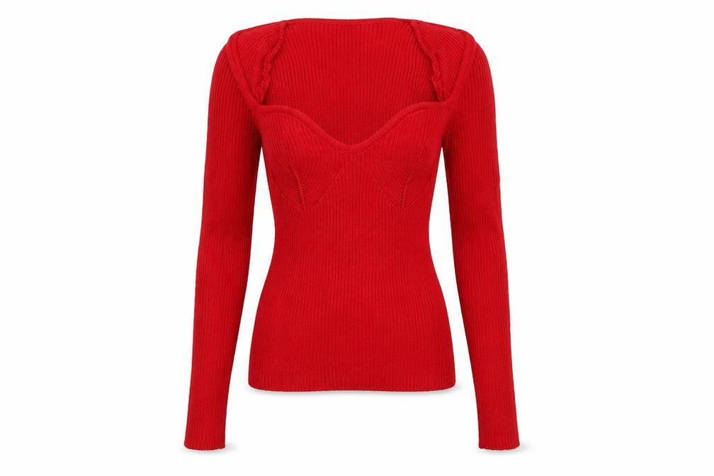 Select Women Red S Rib Knit Portrait Neck Slim Jumper New