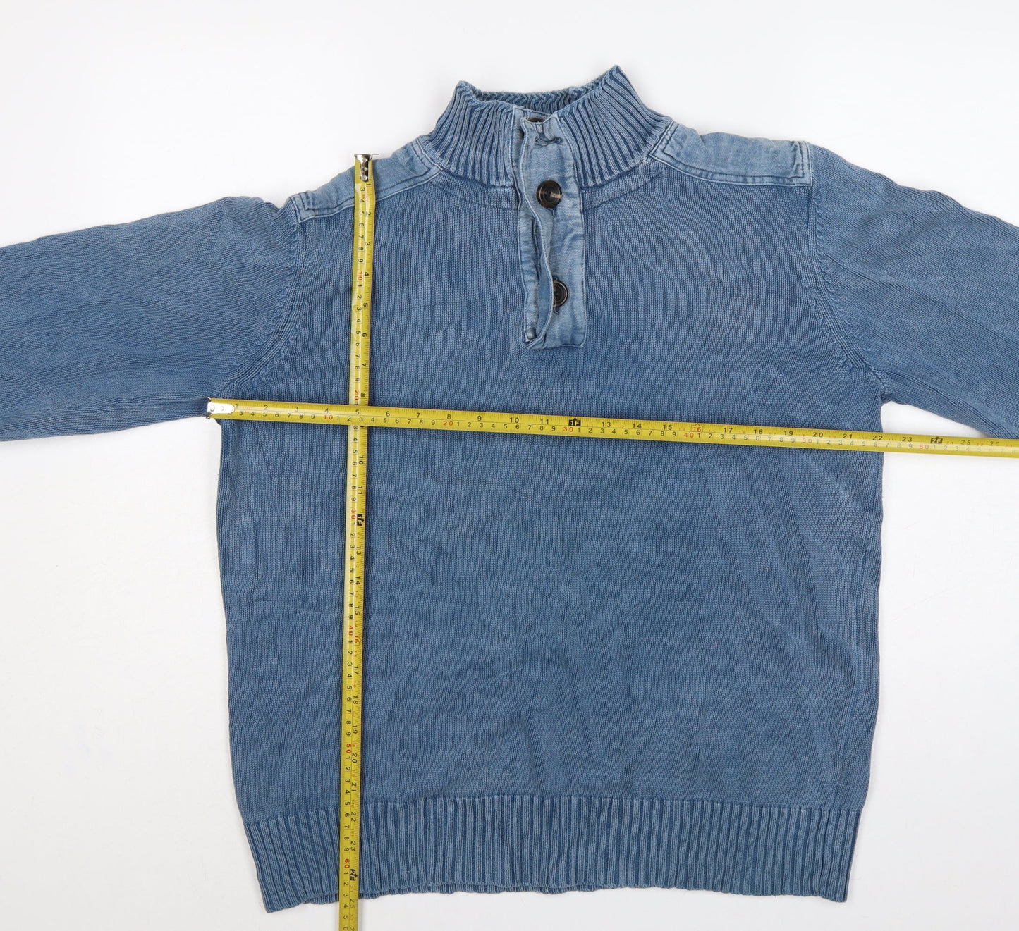 Fat Face Men Blue L Henley Knit Jumper High Neck Button Denim Trim