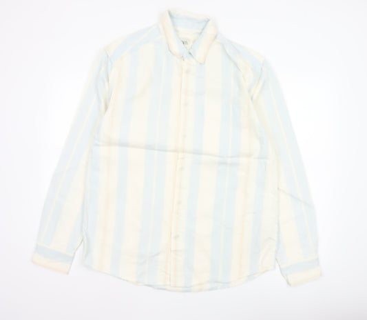 Zara Men Blue Striped Relaxed Fit Cotton Button-Up Shirt M Long Sleeve