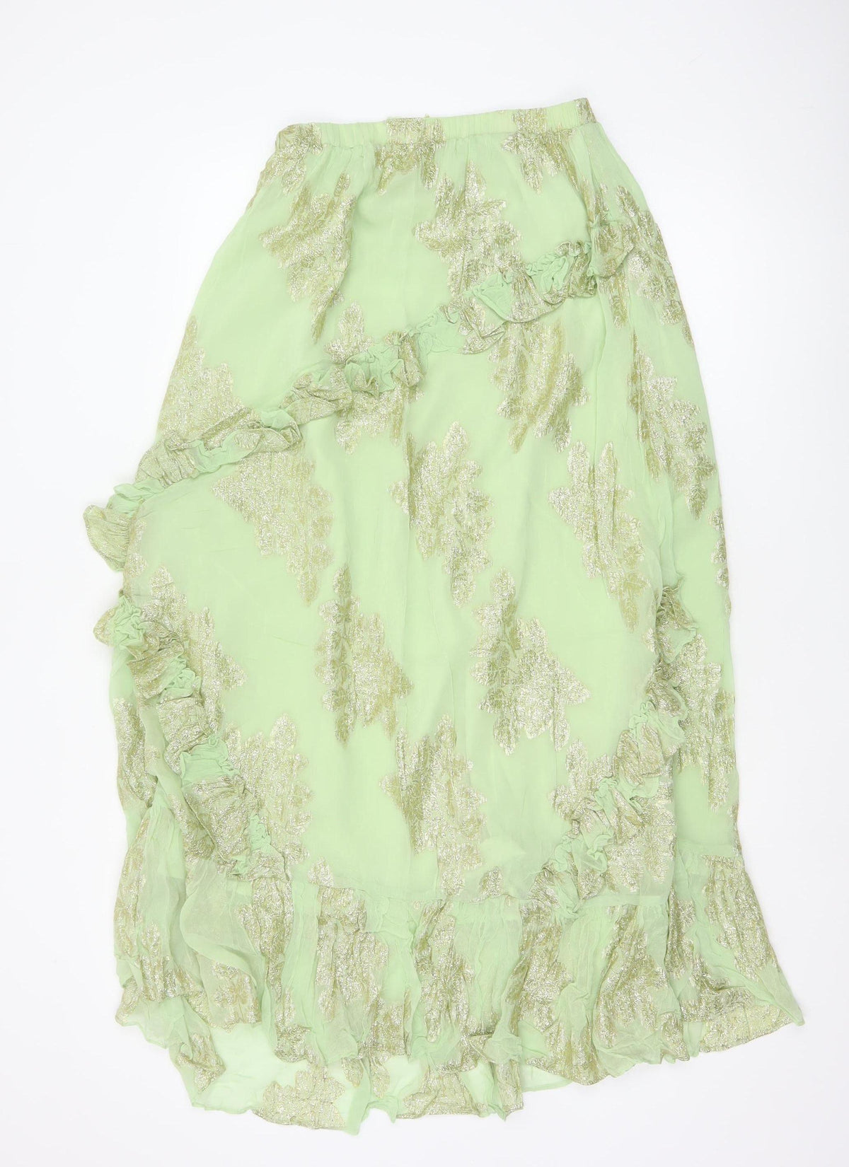 Additional front view of ASOS Design Women Green UK 8 Ruffle Wrap Knee Skirt Metallic Floral