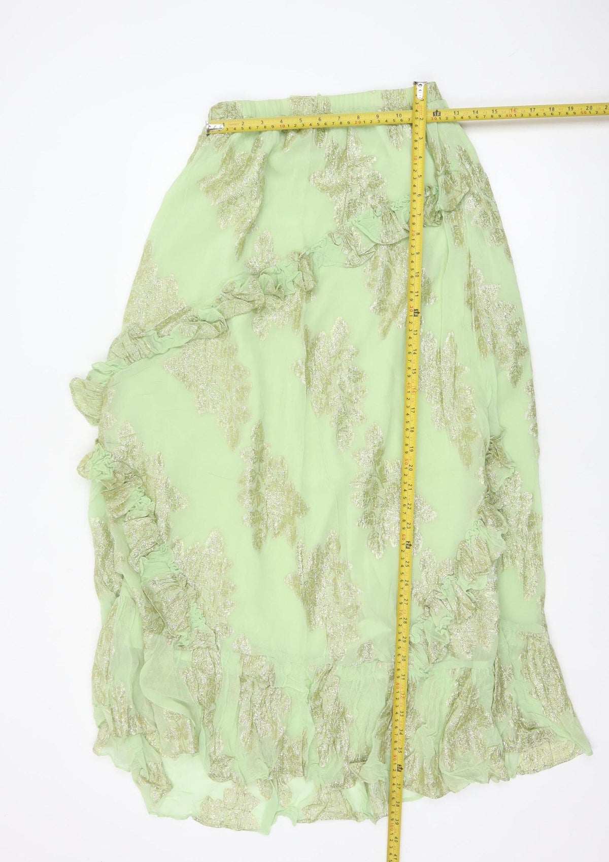 Back view of ASOS Design Women Green UK 8 Ruffle Wrap Knee Skirt Metallic Floral