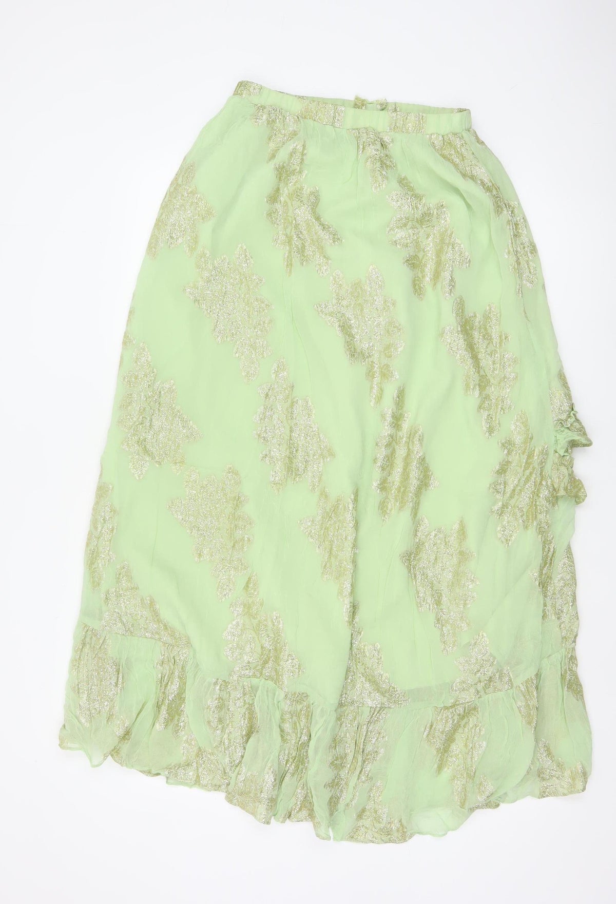Close-up detail of ASOS Design Women Green UK 8 Ruffle Wrap Knee Skirt Metallic Floral