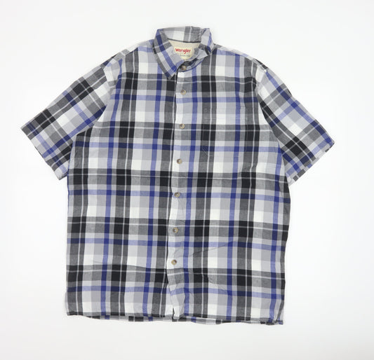Wrangler Men Blue Plaid Cotton Short Sleeve Button-Up Shirt M