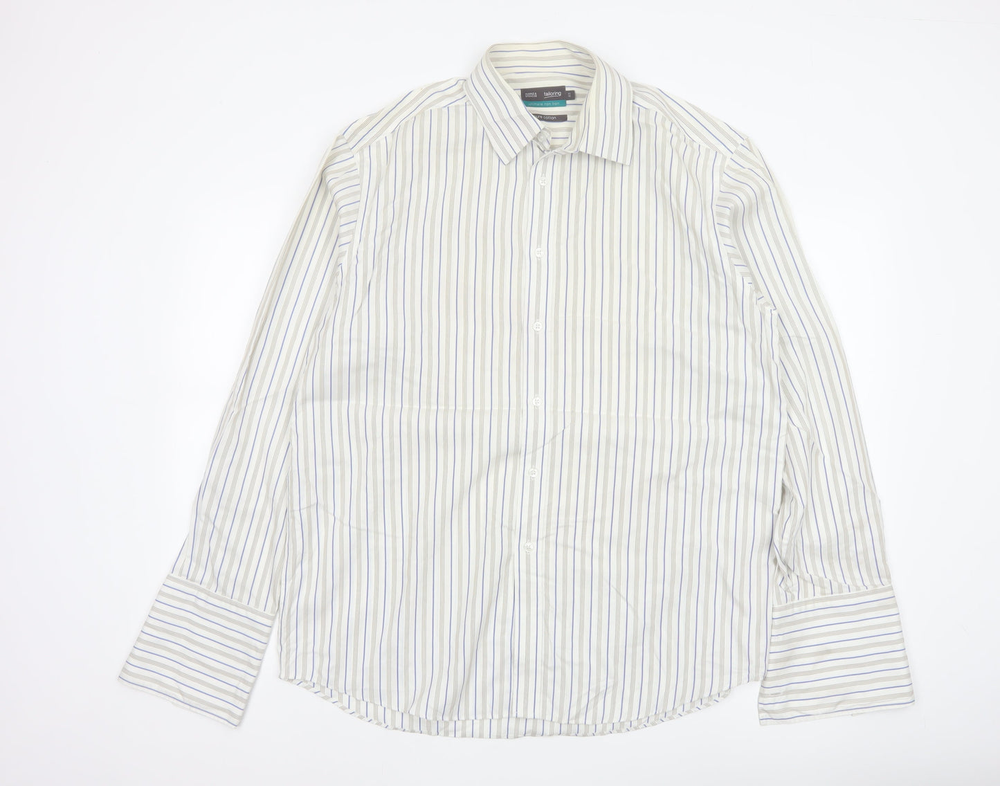 Marks & Spencer Men White Stripe Cotton Non-Iron Shirt Size 16