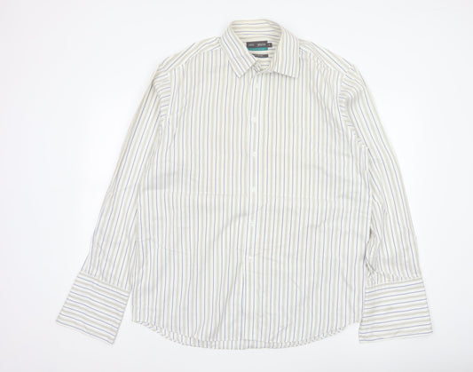 Marks & Spencer Men White Stripe Cotton Non-Iron Shirt Size 16