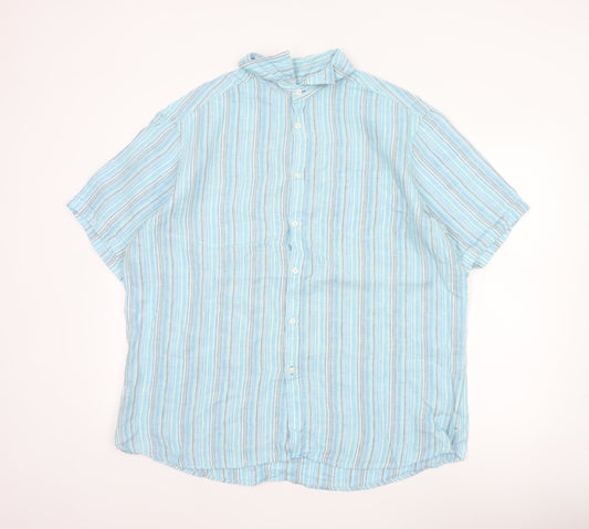 M&S Men Blue XL Linen Striped Short Sleeve Button-Up Shirt