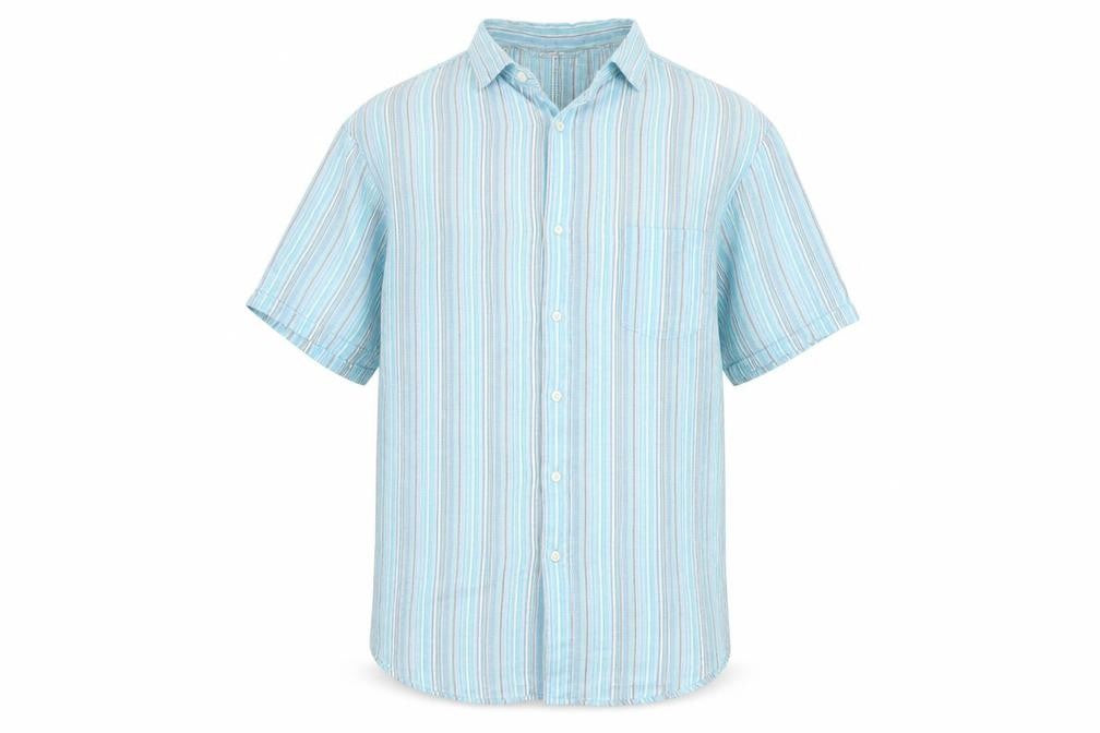 Marks & Spencer Men Blue XL Linen Striped Short Sleeve Button-Up Shirt