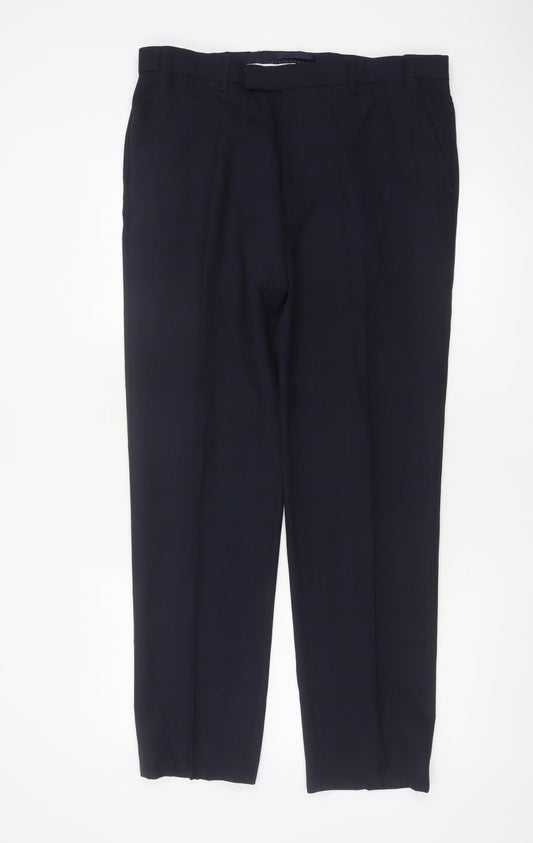 Marks & Spencer Men Blue 34 31 Tailored Wool Blend Dress Trousers