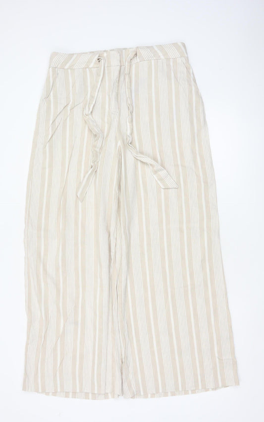 Mint Velvet Women Beige Stripe Linen Wide Leg Tie Trousers UK 4