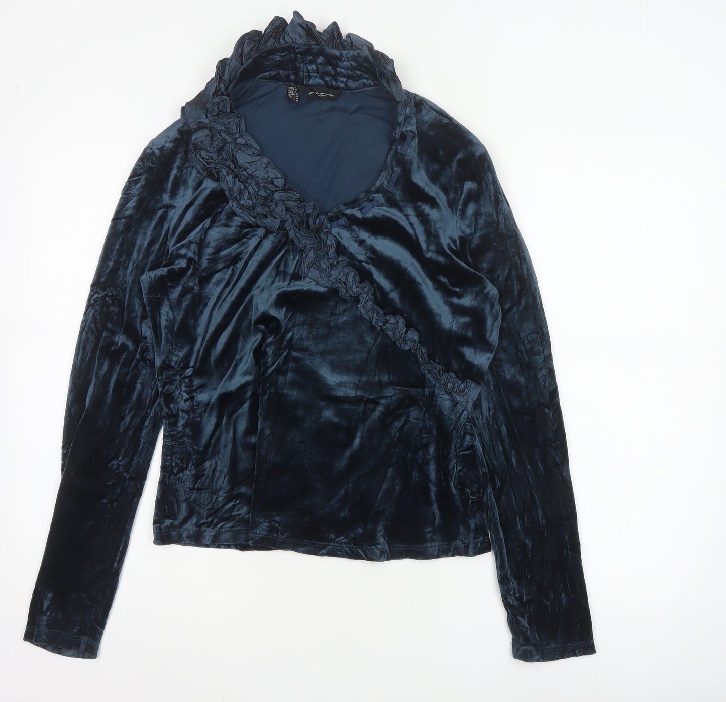 Javier Simorra Women Blue UK 14 Silk Velvet Ruffle Wrap Blouse