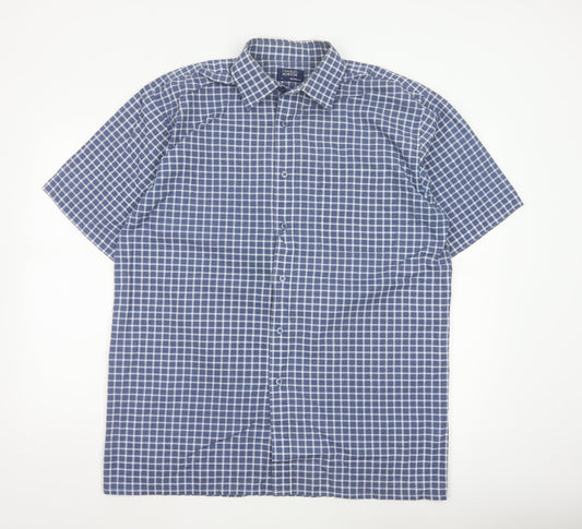 Charles Norton Men's Blue Check Short Sleeve Shirt L 16.5 Button-Up