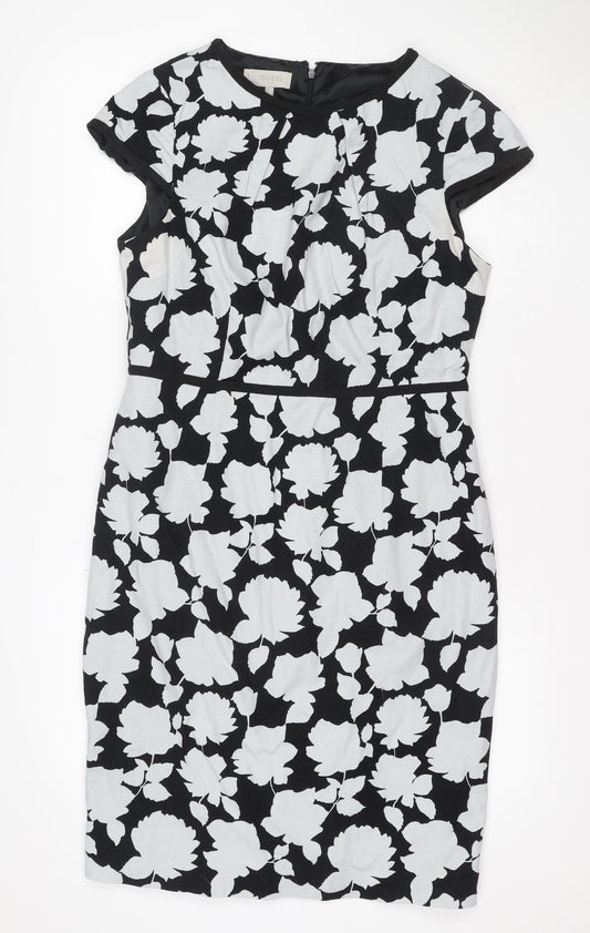 Hobbs Women Black White Floral Fit & Flare Knee Length Dress UK 14