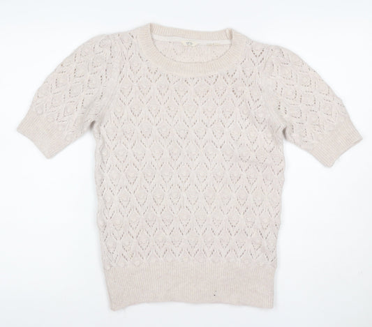 Fat Face Women Ivory Alpaca Blend Open-Knit Short Sleeve Pullover UK 8