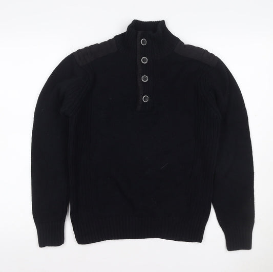 Burton Mens Black L Cable Knit High Neck Henley Jumper