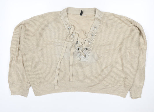 H&M Divided Women’s Beige M Lace-Up V-Neck Mohair Wool Knit Jumper