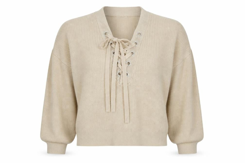 H&M Divided Women’s Beige M Lace-Up V-Neck Mohair Wool Knit Jumper