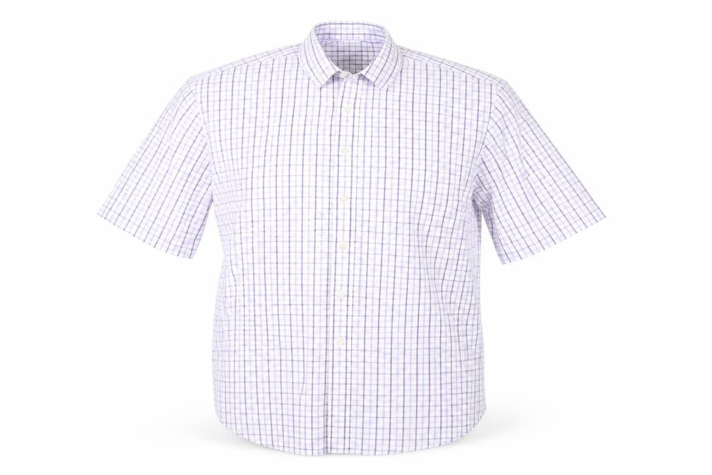 Marks & Spencer Men White Purple Check Shirt 17 Regular Fit Short Sleeve