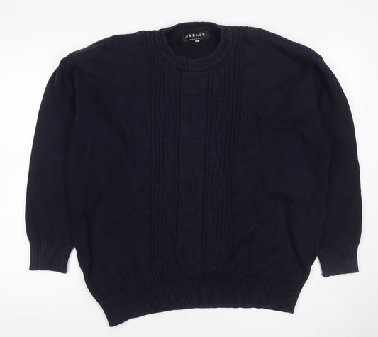 Jaeger Men’s Blue XL Cable Knit Cotton Crew Neck Pullover Jumper