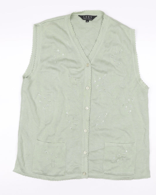 Lexy Women Green XL Sleeveless V-Neck Beaded Floral Cardigan