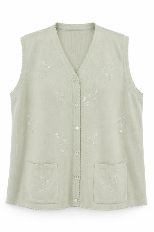 Lexy Women Green XL Sleeveless V-Neck Beaded Floral Cardigan