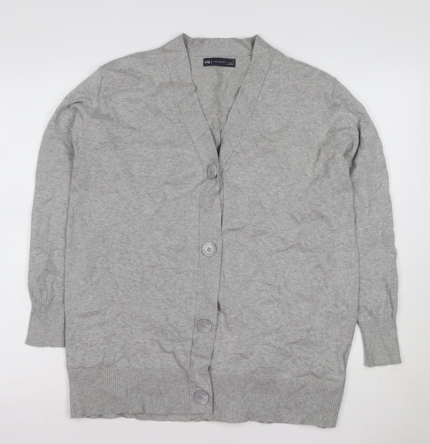 Marks and Spencer Women Grey S V-Neck Long Sleeve Button Cardigan
