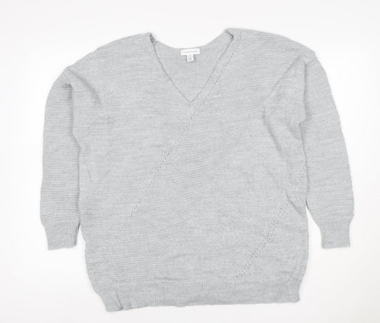 Topshop Women Grey S V-Neck Oversized Knit Pullover Jumper