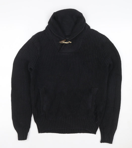 H&M L.O.G.G. Men’s Black S Chunky Knit Shawl Collar Toggle Jumper