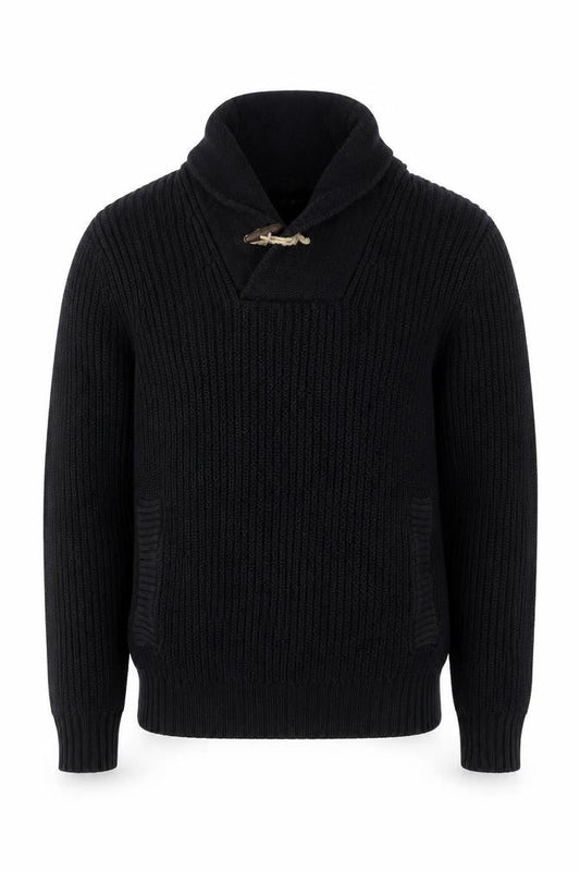 H&M L.O.G.G. Men’s Black S Chunky Knit Shawl Collar Toggle Jumper