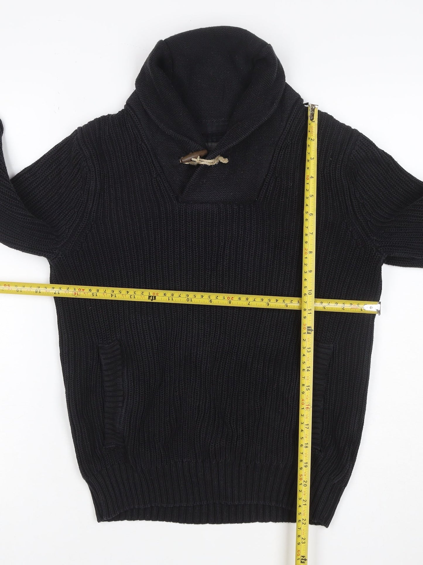 H&M L.O.G.G. Men’s Black S Chunky Knit Shawl Collar Toggle Jumper