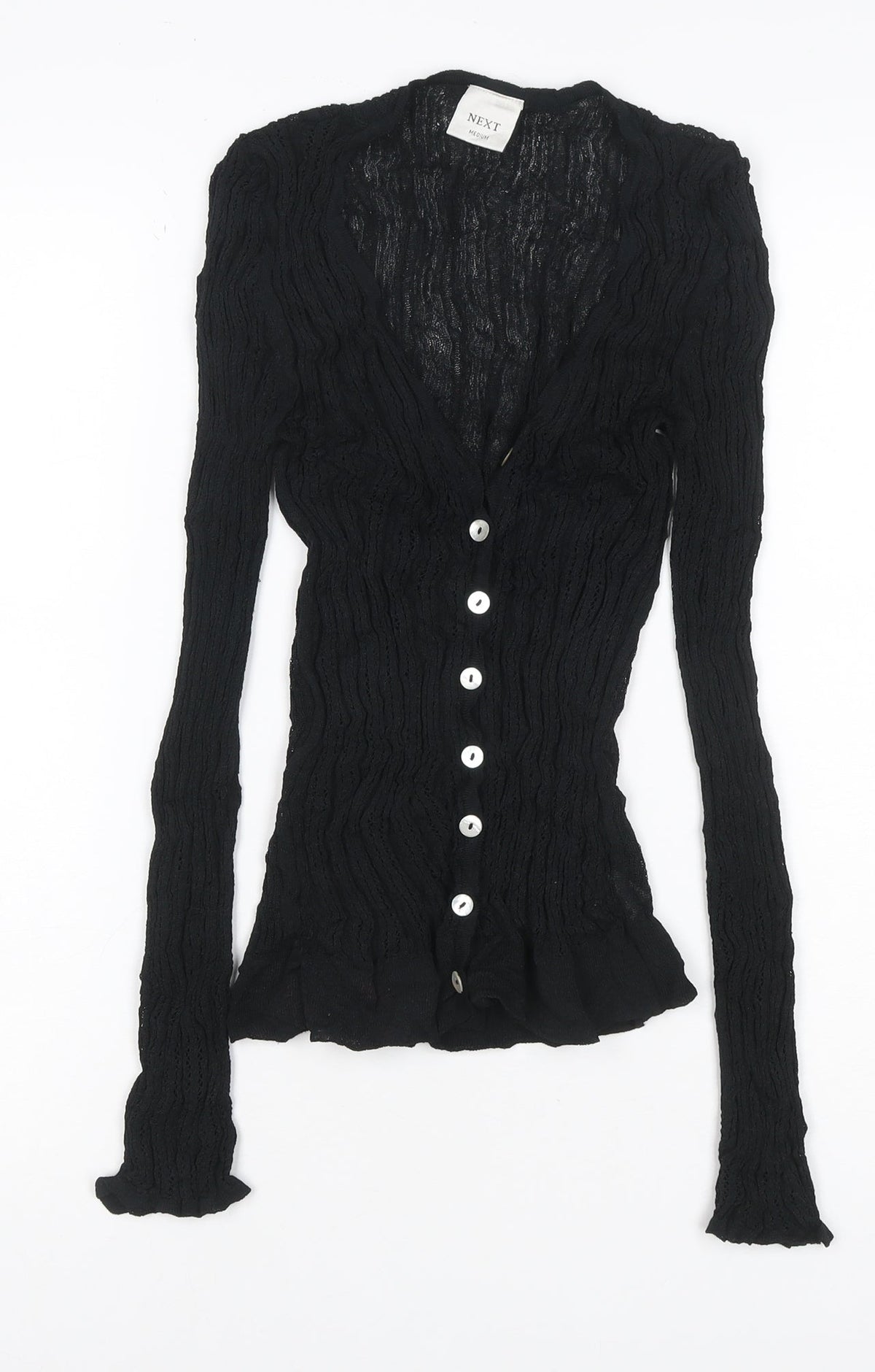 Next Women Black M Sheer Knit V-Neck Button Cardigan Long Sleeve
