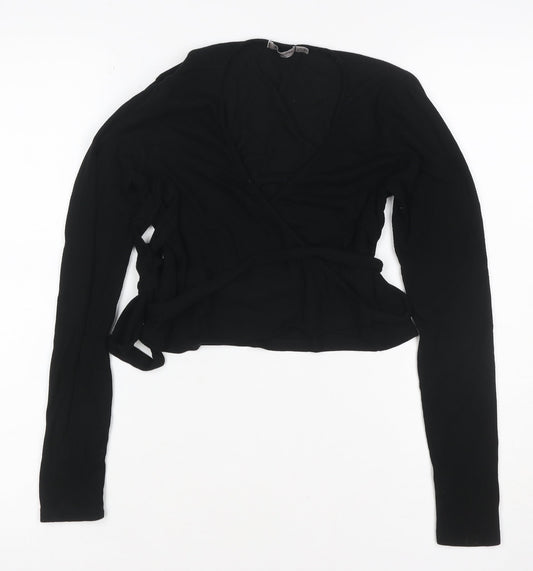 Stradivarius Women Black M V-Neck Belted Knit Wrap Cardigan