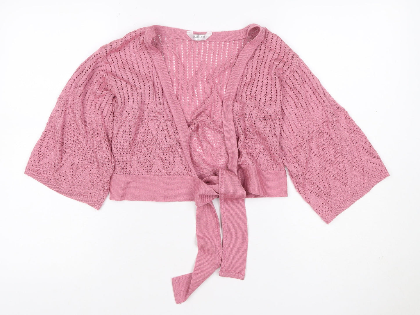 Editions Women Pink Open Knit Tie Wrap Cardigan S/M 3/4 Sleeve