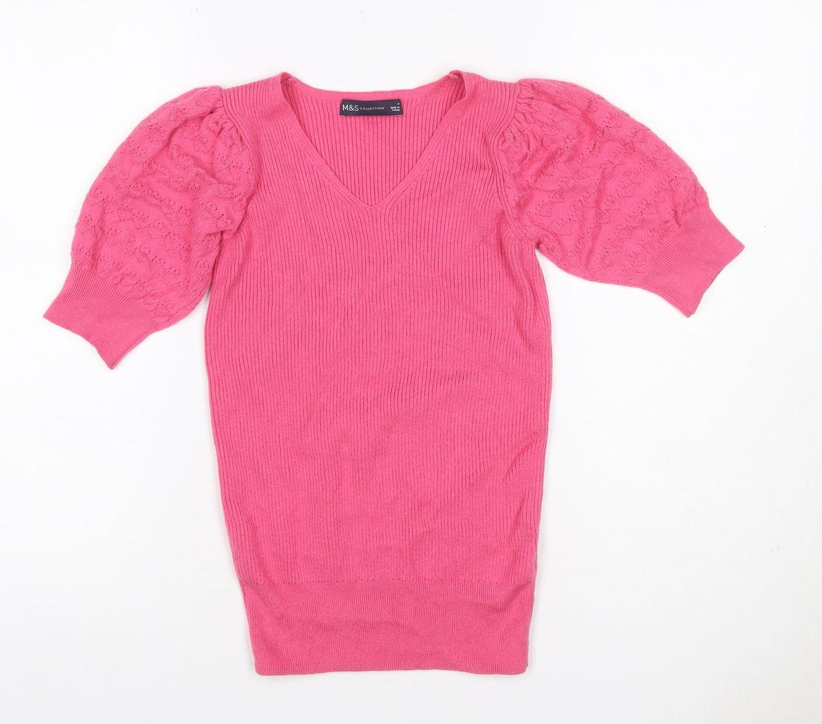 Marks & Spencer Women Pink Size 6 V-Neck Rib Knit Puff Sleeve Jumper