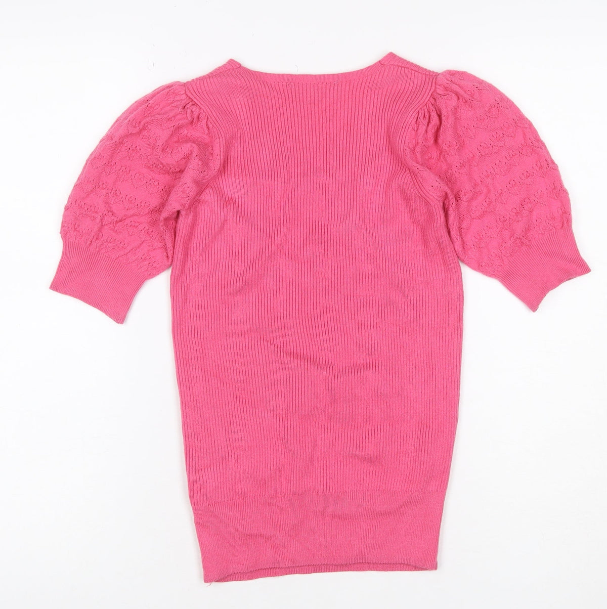Marks & Spencer Women Pink Size 6 V-Neck Rib Knit Puff Sleeve Jumper
