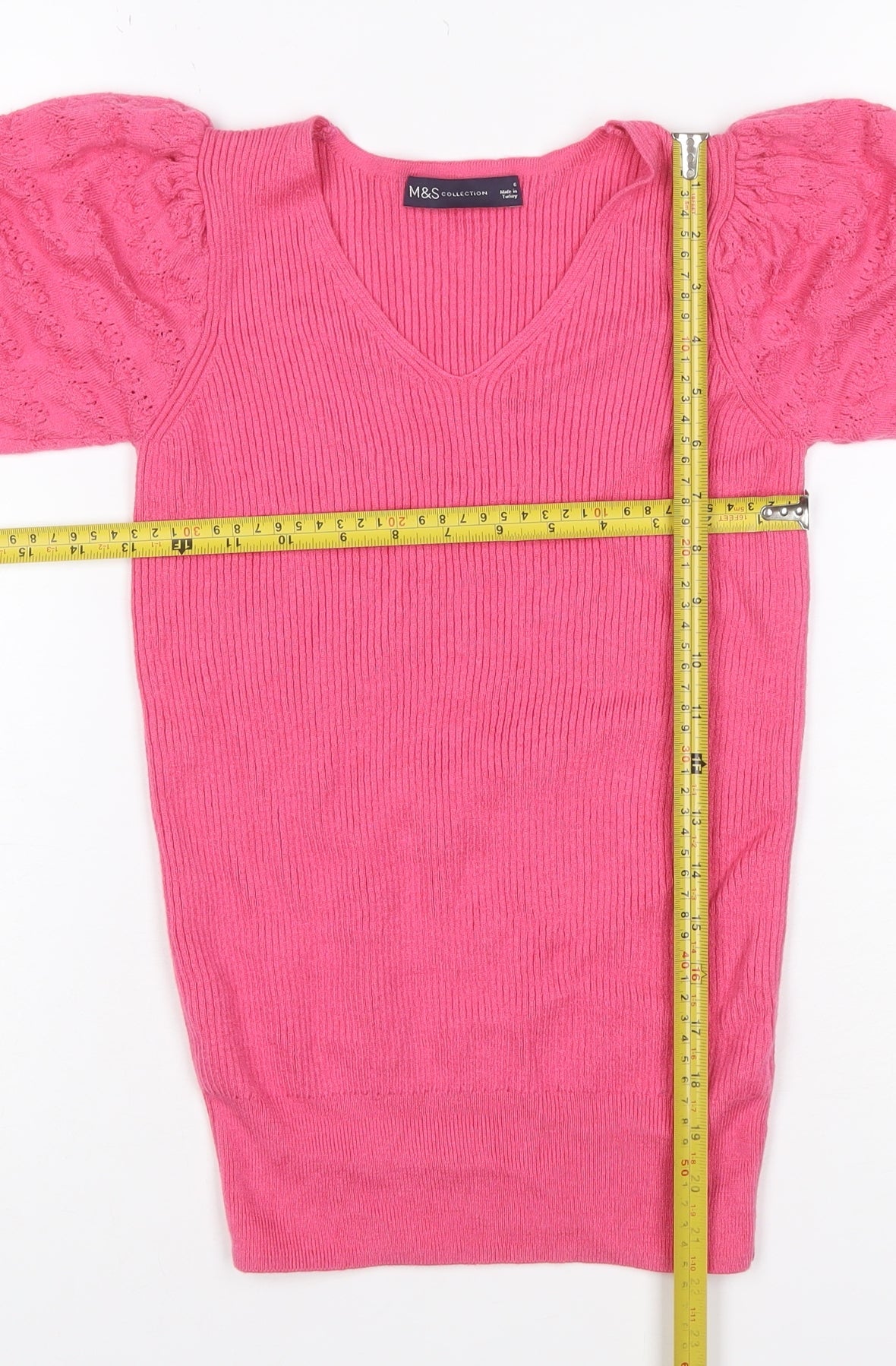 Marks & Spencer Women Pink Size 6 V-Neck Rib Knit Puff Sleeve Jumper