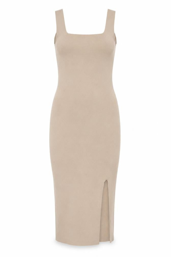 Pimkie Women Beige M Rib Knit Bodycon Midi Strappy Sleeveless Dress