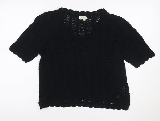 Fat Face Women’s Black UK 14 Cotton Open Knit Short Sleeve Cardigan