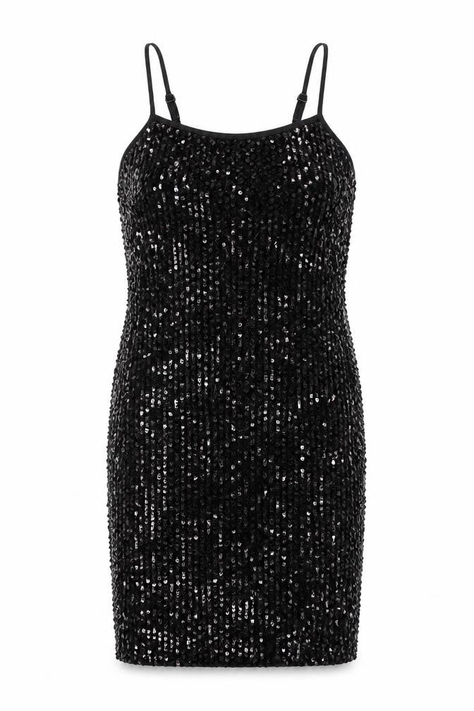 Front view of Urban Renewal Women, size 8, Black Sequin Bodycon Knee Dress Adjustable Straps