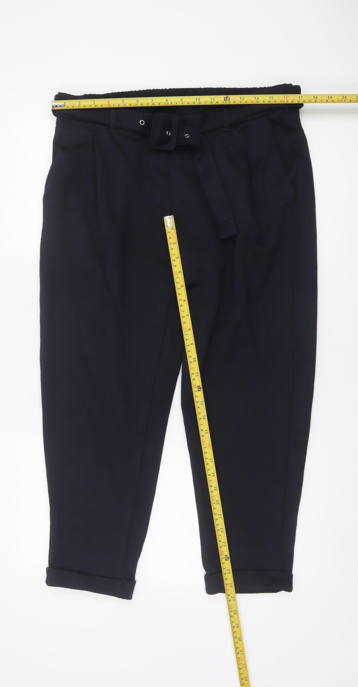 M&S Women Navy UK 16 Short Belted Tapered Pleated Trousers