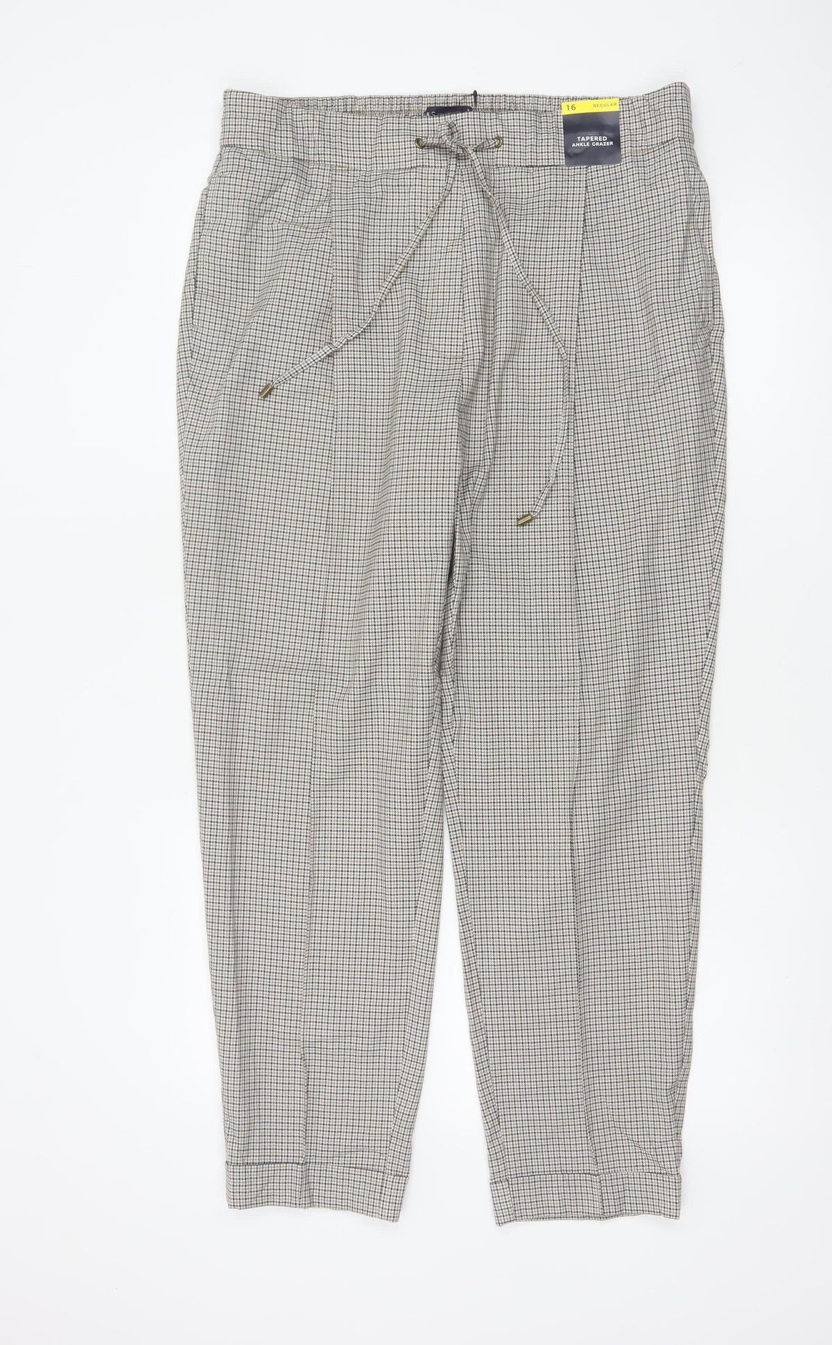 Marks & Spencer Women Beige Check Tapered Ankle Grazer Trousers UK 16