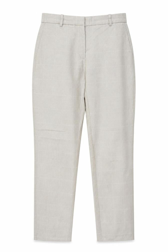 H&M Women Beige Check Slim Tapered Cotton Blend Trousers UK 10